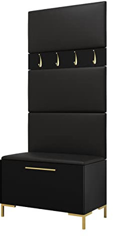 Mirjan24 Garderoben-Set Zinetto III, Schuhschrank + Kleiderhakenbrett + Gepolstertes Paneel/Wandpaneel, Kleiderhaken, Flurgarderobe, Wandgarderobe (Schwarz, Soft 011)