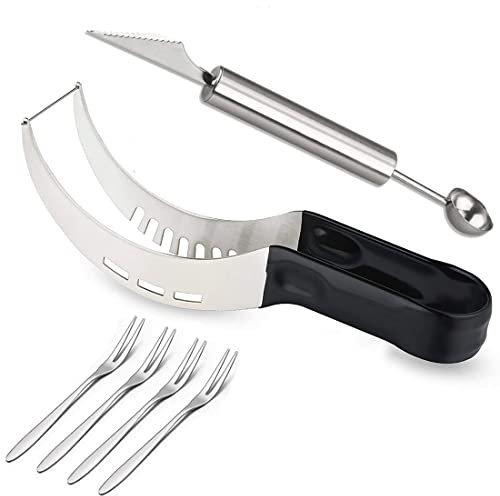 KECRULV Cortador de Sandía, Cortador de Melón de Acero Inoxidable con Bolas de Melón Cuchillo para Tallar Frutas y 4 piezas Tenedor de Fruta, para Ensalada de Frutas, Sandía, Cantaloupe, Pitahaya