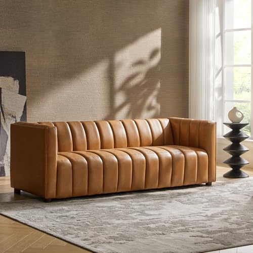 HULALA HOME 83 Genuine Leather Sofa with Channel Tufted Design, 3-Seater Sofa for Living Room Bedroom, Modern Oversized Couch with Wood Legs, Camel