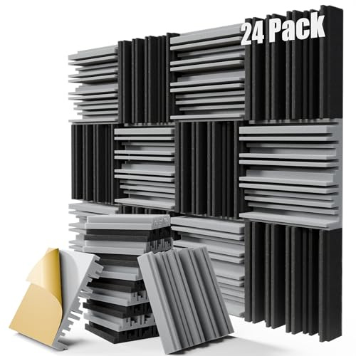 ZELMINE Lot de 24 panneaux acoustiques auto-adhésifs en mousse haute densité, panneaux acoustiques décoratifs insonorisants en mousse pour mur et plafond (noir + gris)