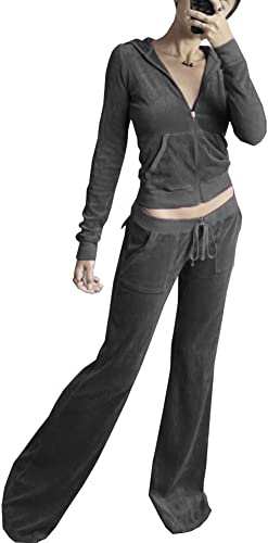 Women's 2 Piece Velour Tracksuit Set Heart Print Long Sleeve Zipper Hoodie Cropped Jacket and Sweatpants Y2K Sweatsuit Set, B-grey, Small