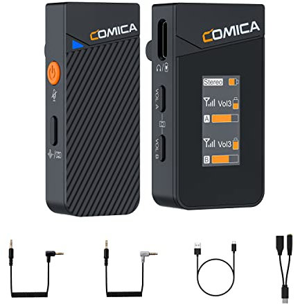 COMICA Vimo C1 Micrófono inalámbrico Lavalier con cancelación de Ruido y Modo de Seguridad, 2.4G Micrófono de Solapa inalámbrico Dual para Cámaras DSLR Videocámara PC Android Live Streaming-1TX+1RX