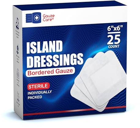 GauzeCare Island Dressing 6x6 (inch) 25 Pcs| Individually Packed Sterile Bordered Dressing | 4x4 Non-Stick Pad in Center with Acrylic Adhesive Borders| Water-Resistant Adhesive Pads for Wound Care