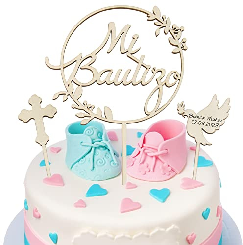 Cake Topper Taufe Holz Mi Bautizo Torten Topper Kuchen Deko Tortendeko Taufe Party Dekoration für Junge Mädchen