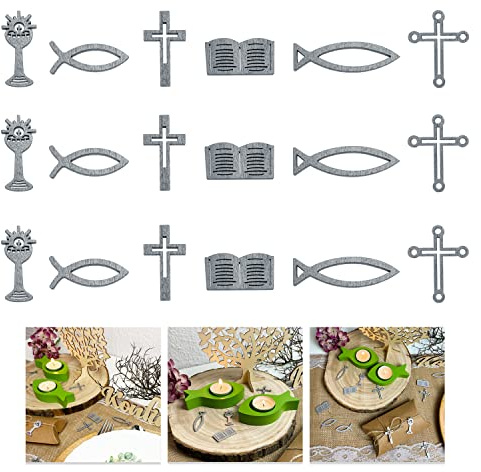 Oblique Unique® Tischdeko Set 18 teilig Holz Kreuze Fische Bücher UVM. Echtholz Streuartikel Streudeko für Taufe Kommunion Konfirmation Firmung Taufdeko (Silber)