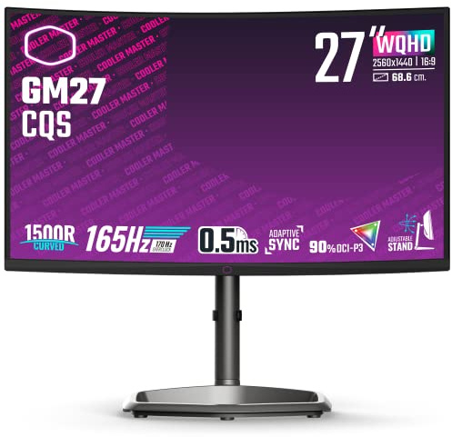 Cooler Master GM27-CQS Monitor Curvo para Gaming 27- 1500R WQHD (2560x1440) 165Hz (170Hz/OC), 0,5ms MPRT, Panel VA, Sincronización Adaptable, 90% DCI-P3, HDR 400, Soporte Ajustable, DP 1.2 y HDMI 2.0