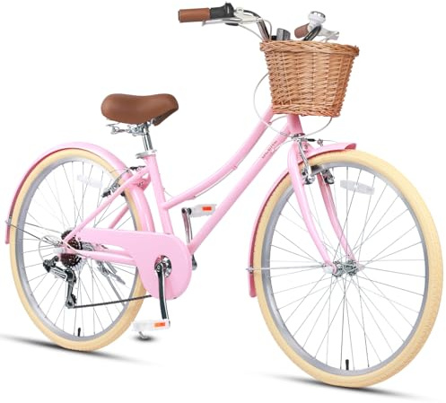 Glerc Missy 26 inch Girl Cruiser Youth Teen Woman Bike 6-Speed Teen Hybrid City Bicycle for Youth Ages 14 15 16 17 18 19 20 Years Old with Wicker Basket & Lightweight, Pink