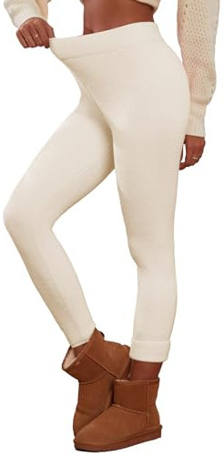 Famulily - Leggings d’hiver doublés en polaire pour femmes, tricot côtelé opaque, sexy, slim, extensible, chaud, skinny XS-XXL, beige, M-L