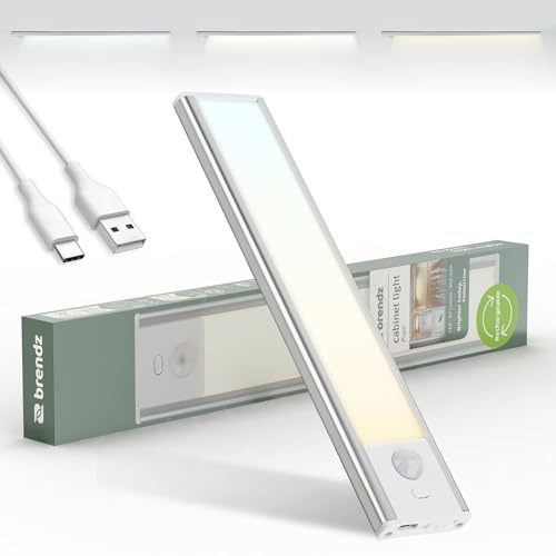 Brendz Schranklicht mit Bewegungsmelder, Kleiderschrank Beleuchtung, 20cm | 3 Farbtemperaturen, Aufladbar, Dimmbare Schrankbeleuchtung, Led Lichtleiste Kabellos, Silber