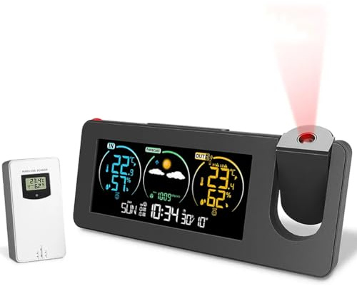 Sveglia con proiezione, stazione meteorologica con sensore esterno, proiettore per camera da letto Orologio dimmerabile Doppi allarmi Display LCD Data Ora Temperatura Umidità e previsioni del tempo