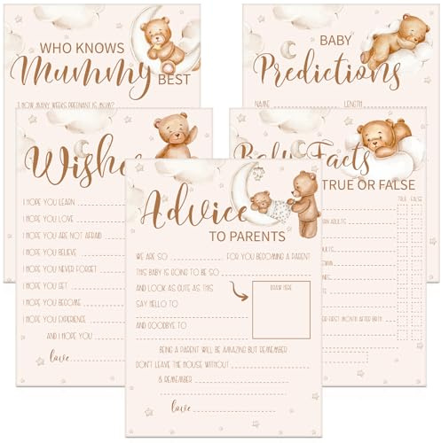 Threan 20 Sets Baby Prediction Cards Baby Shower Games for 20 Guests 5 Styles Cards Mummy to Be Gifts Gender Reveal Party Game Decorative Accessories Set for Boy and Girl(Bear)