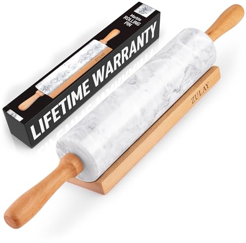 Zulay Kitchen 17-Inch Marble Rolling Pin With Stand - Polished Marble Rolling Pins For Baking With Long Beechwood Handle - Non-stick Roller Pin For Baking Pastries, Bread & Pizza