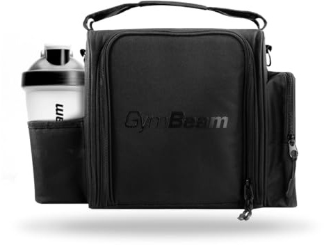 GymBeam Borsa Termica Porta Pranzo con Sacchetti Gel, Borsa Frigo con 3 Contenitori e Cucchiai, Tasca Laterale e Manici Regolabili (Black)