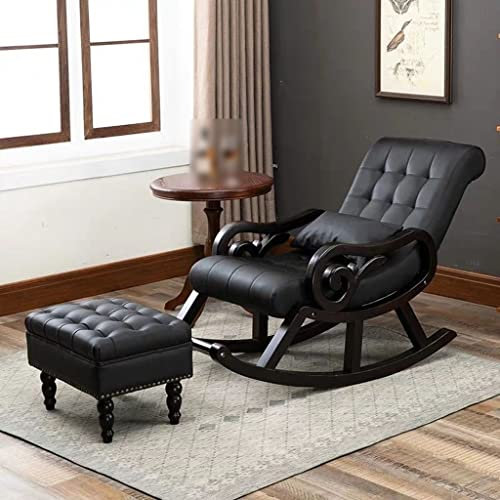 ZYWWW Schaukelstuhl Leder-Liegestuhl, Moderner Sessel Ergonomische Liege, Einzelner Fauler Schaukelstuhl, Für Schlafzimmer Wohnzimmer (Farbe: Schwarz, Größe: 125 * 67 * 89 cm)