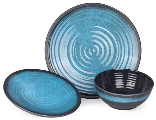 Moritz Vaisselle de camping 3 pièces pour 1 personne - Mélamine - Service de table de pique-nique - Vaisselle de camping - Design bleu pierre