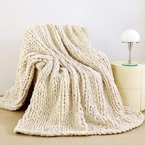 Admitrack Chunky Knit Blanket Throw, 100% Hand Knit Chenille Throw Blanket for Sofa & Home Decor, Soft and Cozy Knitted Throw Blankets (Ivory, 60x80)