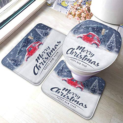 Set 3 Teilig Badvorleger Frohe Weihnachten Weihnachtsbaum Auf Rotem Auto Spielzeug Mit Schnee Badgarnitur Badematten Dekorative U-Förmigen Contour Matte, Für Spa, Wc-Sitz Bezug