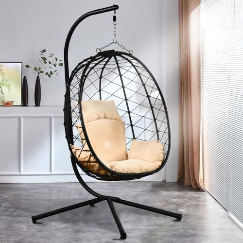 RAMROXX Luxus Hängesessel New XXL Gestell Schwarz mit Korb Schwarz und Kissen Beige