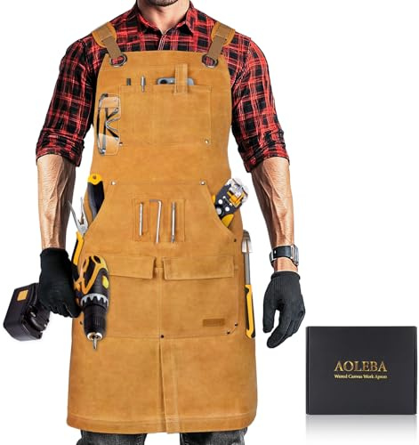 AOLEBA Woodworking Apron for Men,Heavy Duty Waxed Canvas Work Tool Apron with 12 Tool Pockets for Workshop, Mechanic, Carpenter, Blacksmith, Mens Aprons Gifts for Father Men Dad (Khaki)
