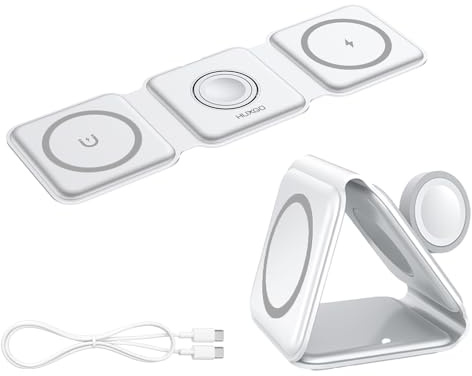 HUXGO Mag-Safe Station de charge pour téléphone portable, iPhone et SmartWatch, chargeur sans fil, 3 en 1, pliable, magnétique, station de charge portable avec protection contre les surcharges