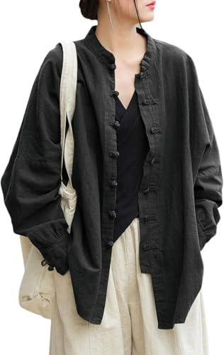 Lazutom Haut Chemise Tunique pour femme en coton lin à boutons grenouille à col mandarin arts martiaux chinois Kung Fu Tai Chi, noir 1, Taille Unique