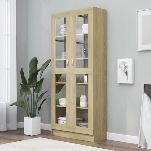 Sufrk Vitrinenschrank Sonoma-Eiche 82,5x30,5x185,5 cm Holzwerkstoff BüCherschrank Mit TüRen Wohnzimmer Vitrinenschrank Vitrine