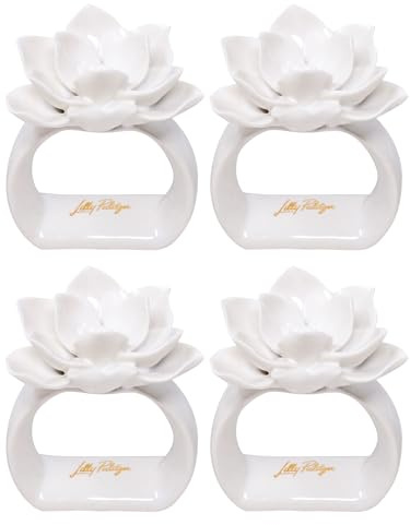 Lilly Pulitzer Keramik-Serviettenringe, Blumentisch-Zubehör, weiße Serviettenhalter-Ringe, 4 Stück, Blume