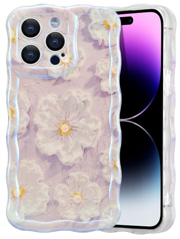 EYZUTAK Skal för iPhone 16 Pro Max, färgglatt fodral, retrostil, oljemålning, blomma, laser, glansigt, söta vågiga kanter, snyggt TPU-telefonskydd, hållbart, för flickor, kvinnor, ljuslila