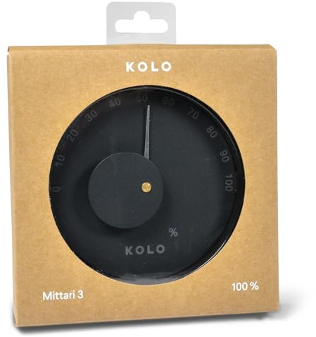 KOLO Sauna Hygrometer Mittari 3 - Ø 14 cm - Schwarzes Aluminium - Präzise Luftfeuchtigkeitsmessung 0-100% - Minimalistisches Design - Hitzebeständig bis 120 °C - Premiumqualität aus Finnland