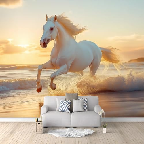 Vlies Fototapete Tierfotografie Strand Pferd - Foto Tapete Schlafzimmer Wohnzimmer Moderne Vliestapete 200 x 140 cm Wandtapete Motivtapeten Bildtapete Gelb Wand Dekoration