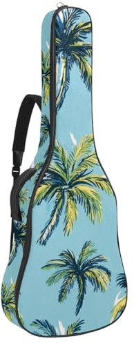 KengjuTesu 43 Zoll Akustikgitarre Softcase mit Rucksackgurt und 2 Taschen Blauer Hintergrund Kokosnussbaum Keine Polsterung Rucksack Wasserdicht Oxford Tuch Bassgitarre Gigbag für Konzertgitarren,