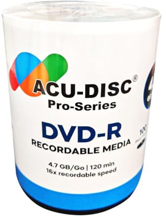 ACU-DISC Pro-Series DVD-R 4.7GB 16x Speed 120 Minutes Blank Discs AZO Dye UV Protection Hard Coat Anti-Scratch Surface – Perfect for Photos & Videos – Compatible with Any DVD Drive 17721 – 100 Pack