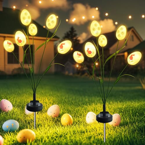 2 Stück Osterdeko Beleuchtet Solar Gartenleuchten für Außen,Ostern Deko Garten Osterbeleuchtung,Ostereier Lichterkette Solarlampen für Außen,Osterdekoration Draußen Wetterfest Solarleuchten