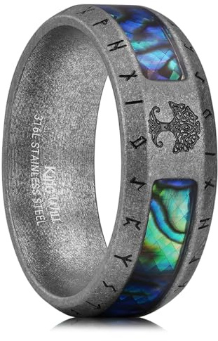 King Will 316L Stainless Steel Ring for Men, Viking Wedding Band with Tree of Life & Rune Design, Abalone Shell Inlay, Vintage Finish, Tree of Life Silver Grey, X 1/2(12)
