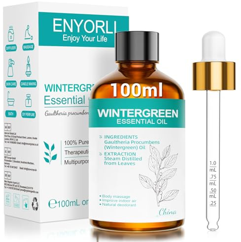 ENYORLI Aceite Esencial de Gaulteria 100 ml con Gotero para Difusor y Hogar | Aroma Herbal Fresco Vegano para Aromaterapia Hogar Fácil de Dosificar por Gotas en Difusor velas Jabones y Mezclas Aromáticas