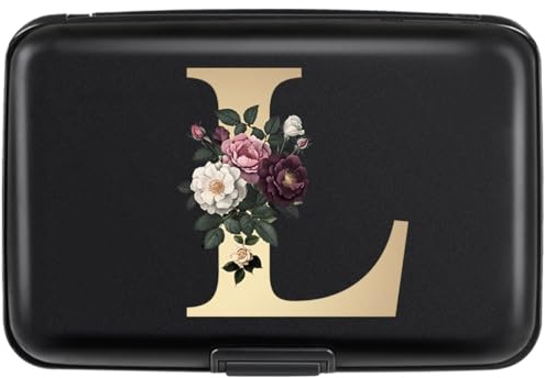 Simikol Credit Card Holder Personalized Initial Letter L Small Aluminum Wallet Rose Flower Card Case RFID Blocking Wallets for Women and Girls,L