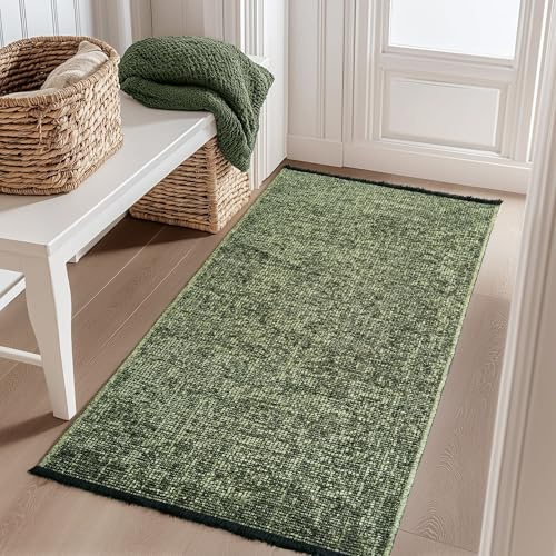 Carpetsale24, Tappeto Runner in Cotone Chenille Verde 80x150 cm Lavabile, Stile Boho, Vintage Kelim, Pelo Corto, Antiscivolo e Morbido, Monocromatico Mélange, Per Cucina, Camera e Corridoio