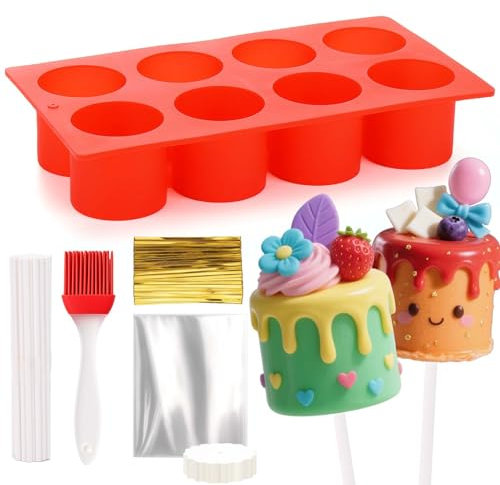 Juome Kreisförmige Kuchenform-Set, 8 Mulden, Silikon mit 100 Stäbchen und 100 Verpackungsbeuteln, rundes Cake-Pop-Maker-Zubehör, Backwerkzeuge für Zuhause, Backzubehör für Desserts zu Hause