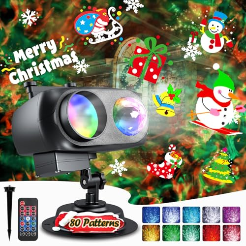 Dnenellr Christmas Halloween Projector Lights Outdoor, 2-in-1 Christmas Window Projection Lamp with Remote, Waterproof, 10 Slides, 80 HD Patterns, 10 Colors of 3D Ocean Waves for Party Holiday Decor