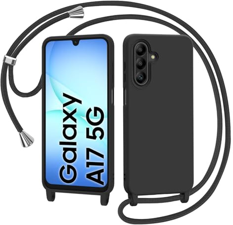 AOMYKE Handyhülle für Samsung Galaxy A17 5G Hülle mit Band, Handykette Samsung Galaxy A17 5G Hülle zum Umhängen Schutzhülle mit Kette Kordel Weich TPU Liquid Silikon Case, Schwarz