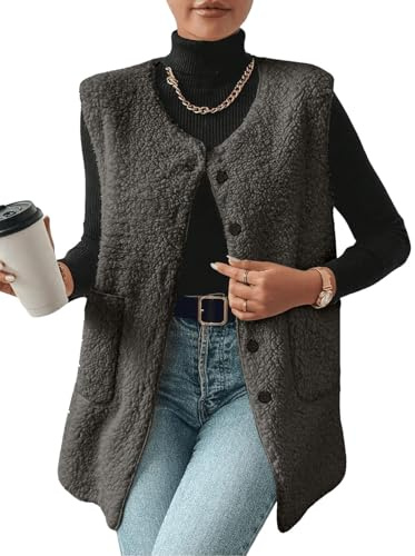Yutdeng Gilet Lungo da Donna in Pile Invernale Caldo Senza Maniche Sherpa Teddy Vest con Scollo a V Gilet in Pelliccia Tinta Unita Gilets con Bottoni Giacca Leggero Panciotto con Tasche,Nero,XL