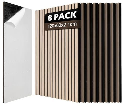 Jaxguom Lot de 8 panneaux acoustiques en bois - 120 x 60 cm (5,76 m²) - Autocollants - Aspect bois - Pour isolation acoustique et décoration - Panneaux en bois pour salon, bureau, studio, pour montage