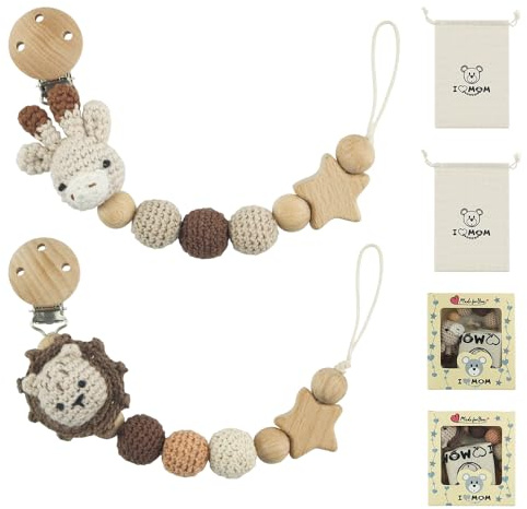 Weciau Baby Schnullerkette, 2 Stück Handgemachte Schnullerkette Holz, 2-in-1 Bibs Schnullerkette mit Geschenkverpackung, BPA Frei Langlebig Trinkbecher Halteriemen (Hirsch Löwe)
