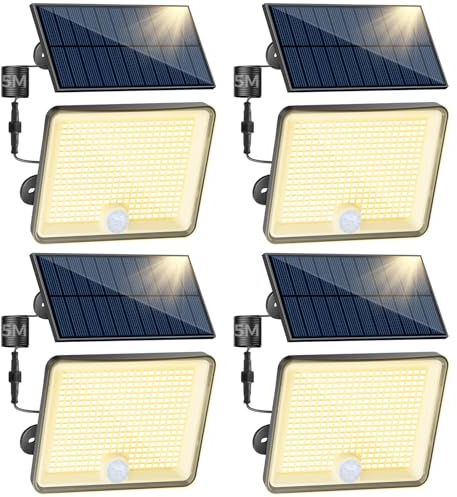 Peasur 4 Stück 3000K Solarlampen für Außen mit Bewegungsmelder, 348 LED Solar Strahler Außen, IP65 Wasserdicht Solarleuchten 3 Modi Solarlampe Garten mit 5m Kabel