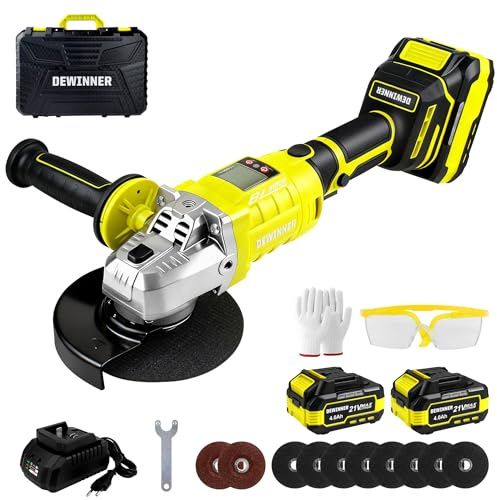 DEWINNER Meuleuse d'angle sans fil 20V,Ø125 mm,8500 tr/min, Avec Rotation 90°Gauche/Droite,3 Vitesses,Meuleuse augulaire sans balais avec batteries,Idéale pour le meulage,le polissage et la coupe.