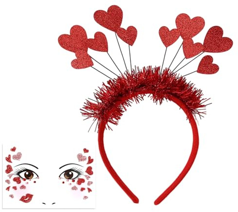 Serre Tête Coeur, Bandeau Coeurs Rouges de Noël, Serre-Tête en Forme de Coeur Paillettes et Autocollants en Forme de Coeurs pour La Saint Valentin Mariage Carnaval Déguisement Fête