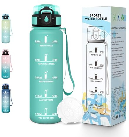 Baramumu Gourde, 500ML Sans BPA, Gourde Enfant, Conception de Verrouillage Anti-Fuite, Bouteille, Avec Horodatage, Bouteille Eau pour École, Yoga, En cours d'exécution, Aire de Jeux - Bleu&vert