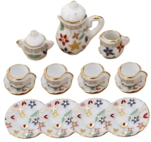 Jorzer Mini Service à thé, Service à thé Miniature en Porcelaine l'échelle 1 : 12 avec Mini Tasses, Assiette et théière pour Accessoires de Maison de poupée Miniature, Jouets et Jeux.