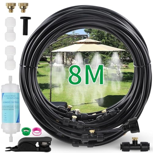 Wzzy Gurden Sistema de pulverización para exteriores (8 m) con filtro de agua – Sistema de niebla línea 10 boquillas de latón (3/4 pulgadas) niebla de terraza para enfriar el invernadero exterior