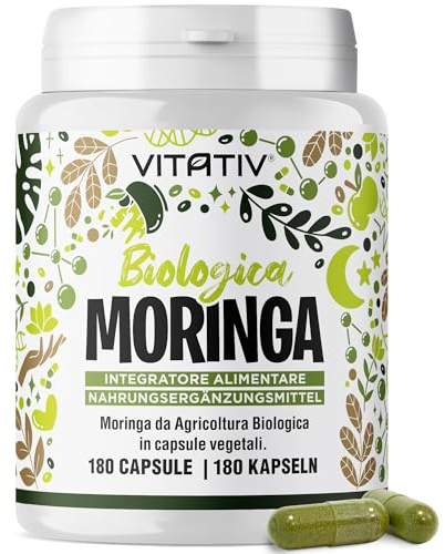 VITATIV Moringa Oleifera Biologica, 180 Capsule Vegetali da 360 mg | 100% Polvere di Foglie, Superfood Bio, Fonte di Proteine e Fibre, Vitamine e Minerali, Benessere Digestivo